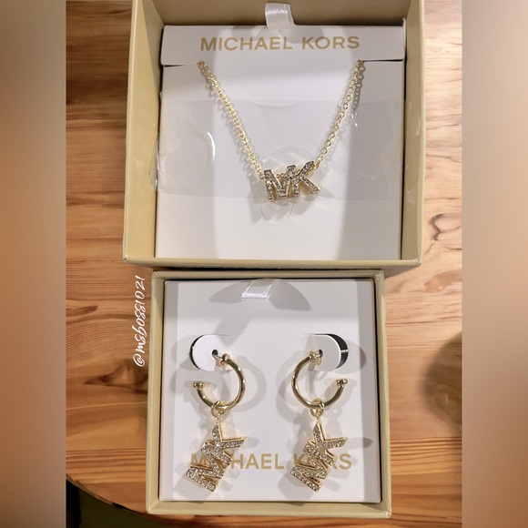 Michael Kors Gold MK Necklace+MK Hoop Earrings BRAND NEW - Picture 1 of 4